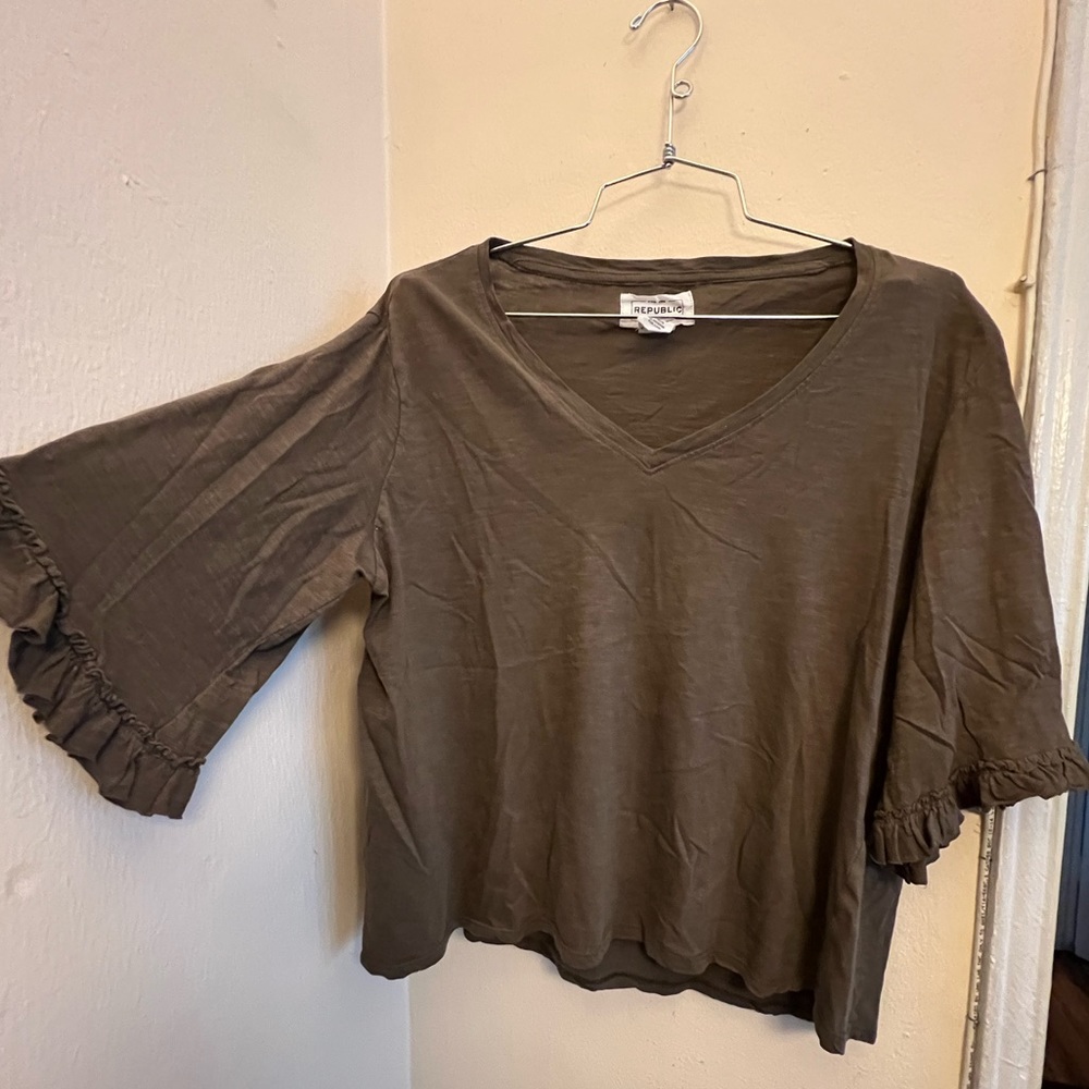 For the Republic Oversized dark green v neck shirt with frilly sleeve details